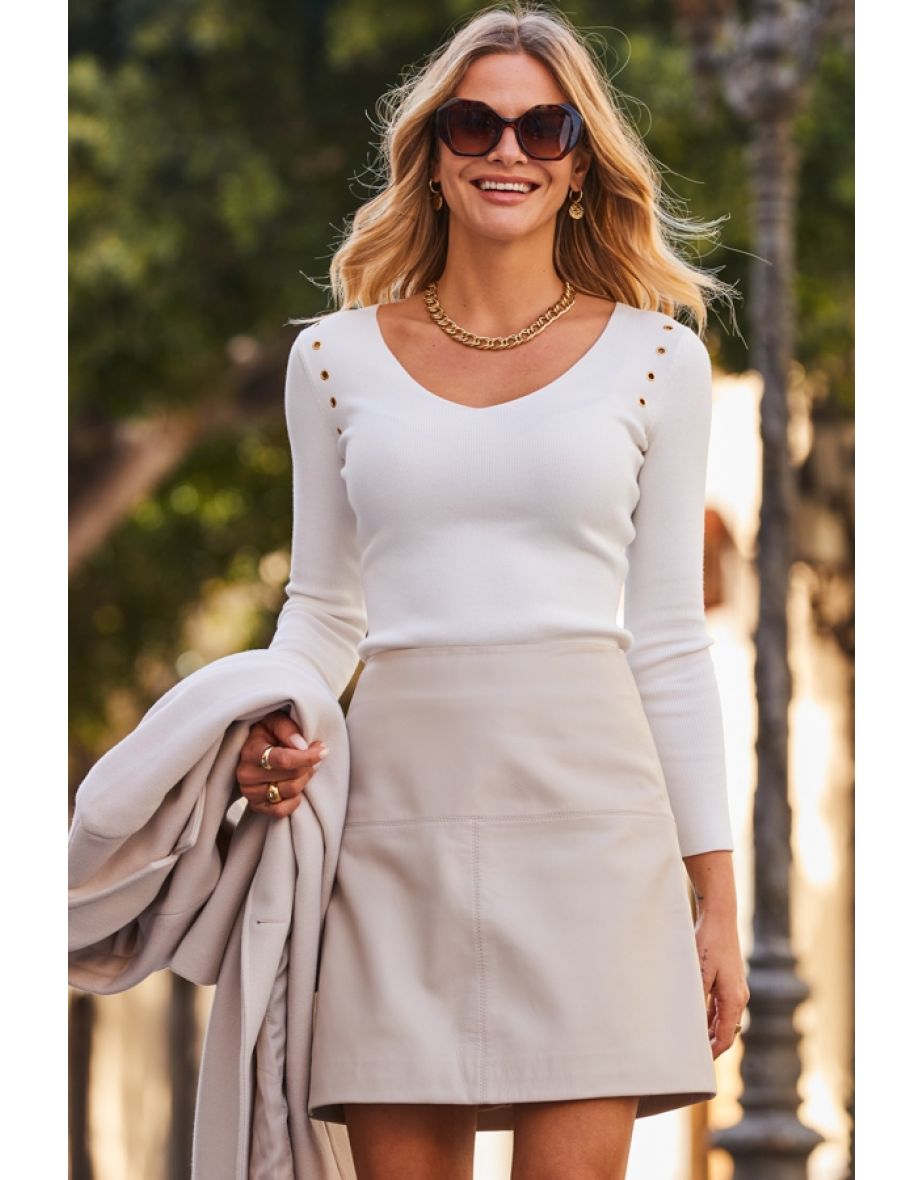 Ivory Leather A-Line Skirt