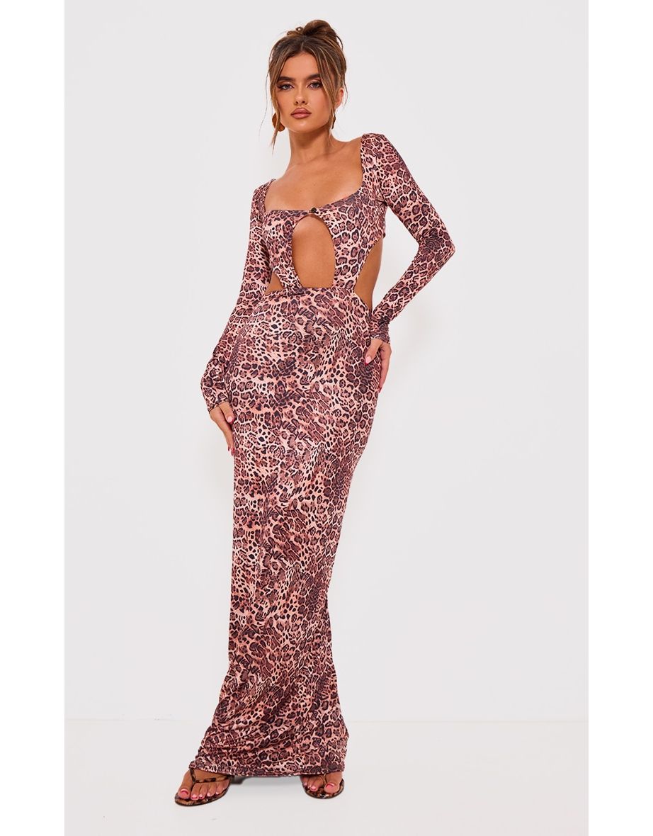 Leopard Printed Double Layer Slinky Long Sleeve Maxi Dress