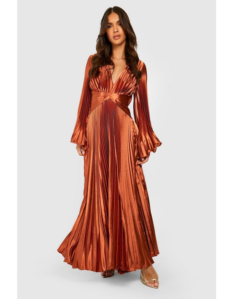 Pleated Satin Oversized Sleeve Midaxi Dress - rust