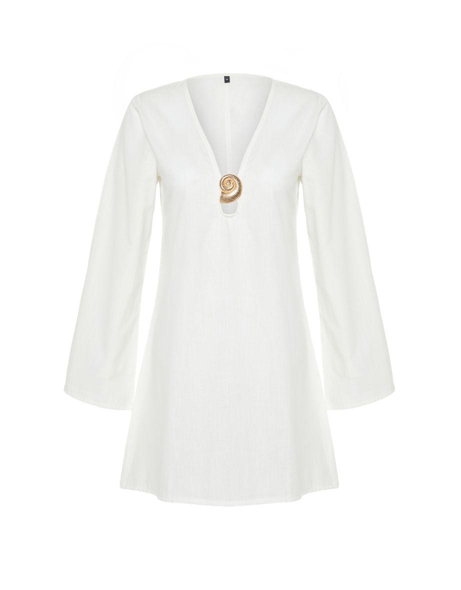 White Mini 100% Cotton Beach Dress with Woven Accessories - 8