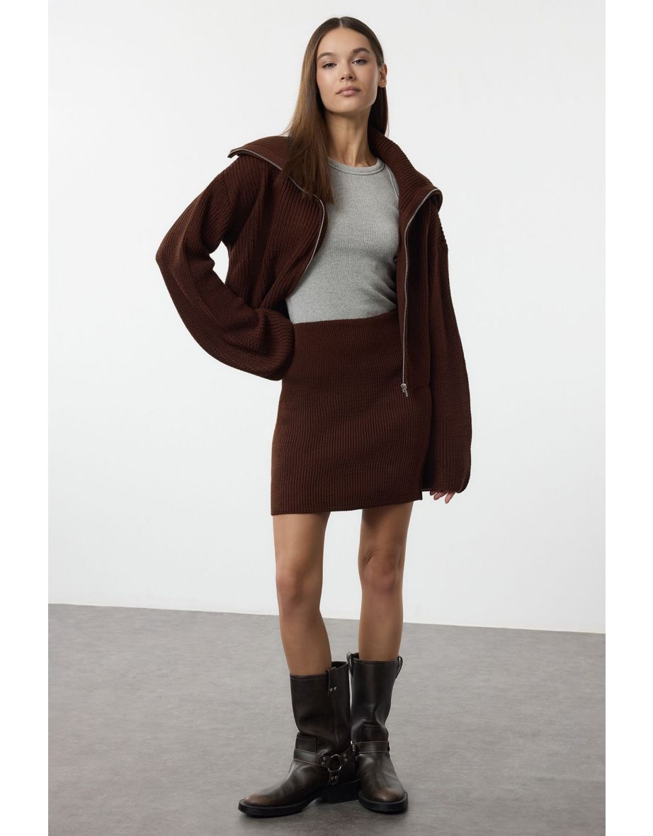 Brown Turn-down Collar Knitwear Top-Bottom Set