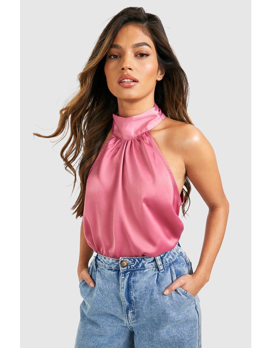 Satin High Neck Swing Blouse - pink