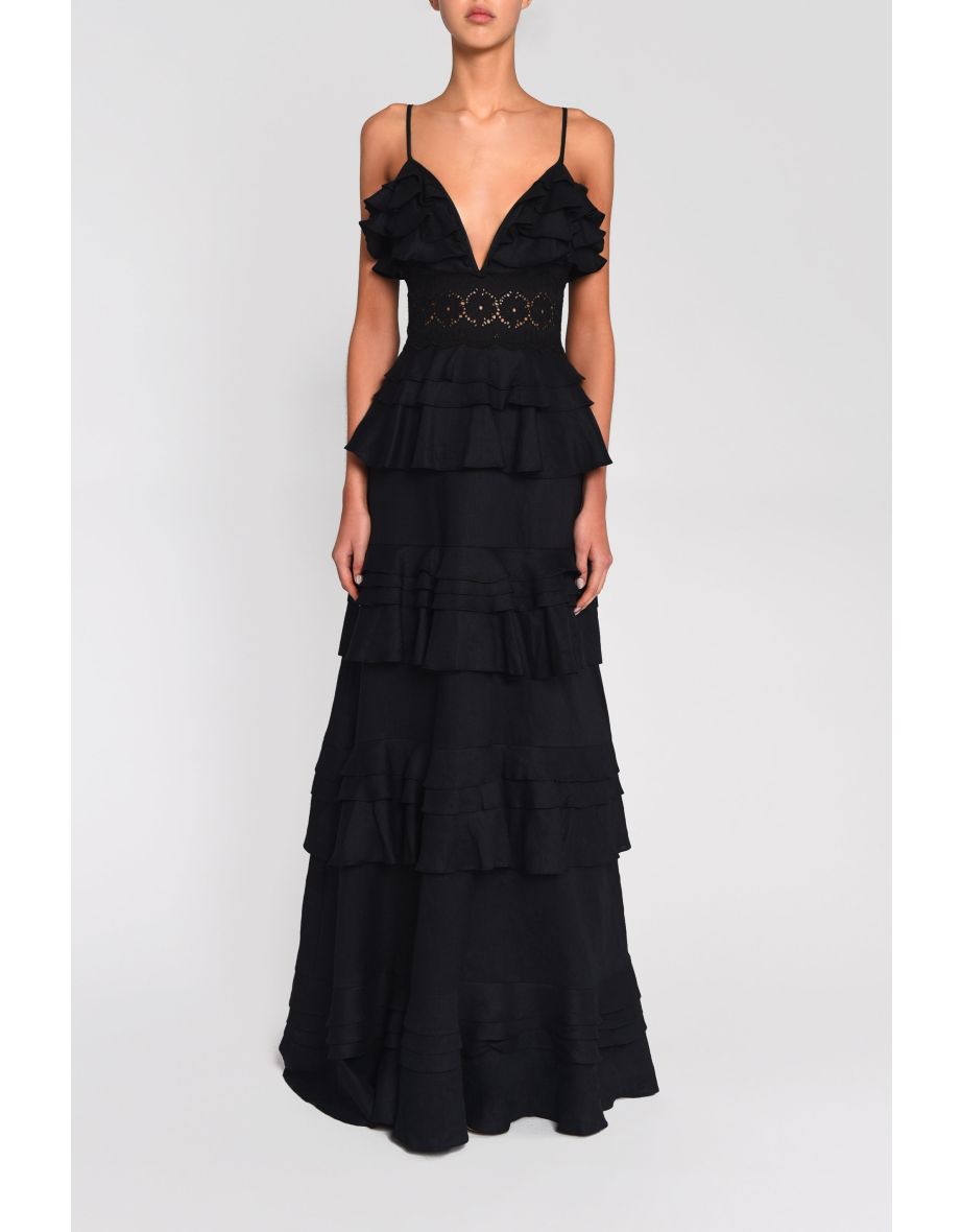Sophia Black Linen Tiered Ruffle Floor Dress