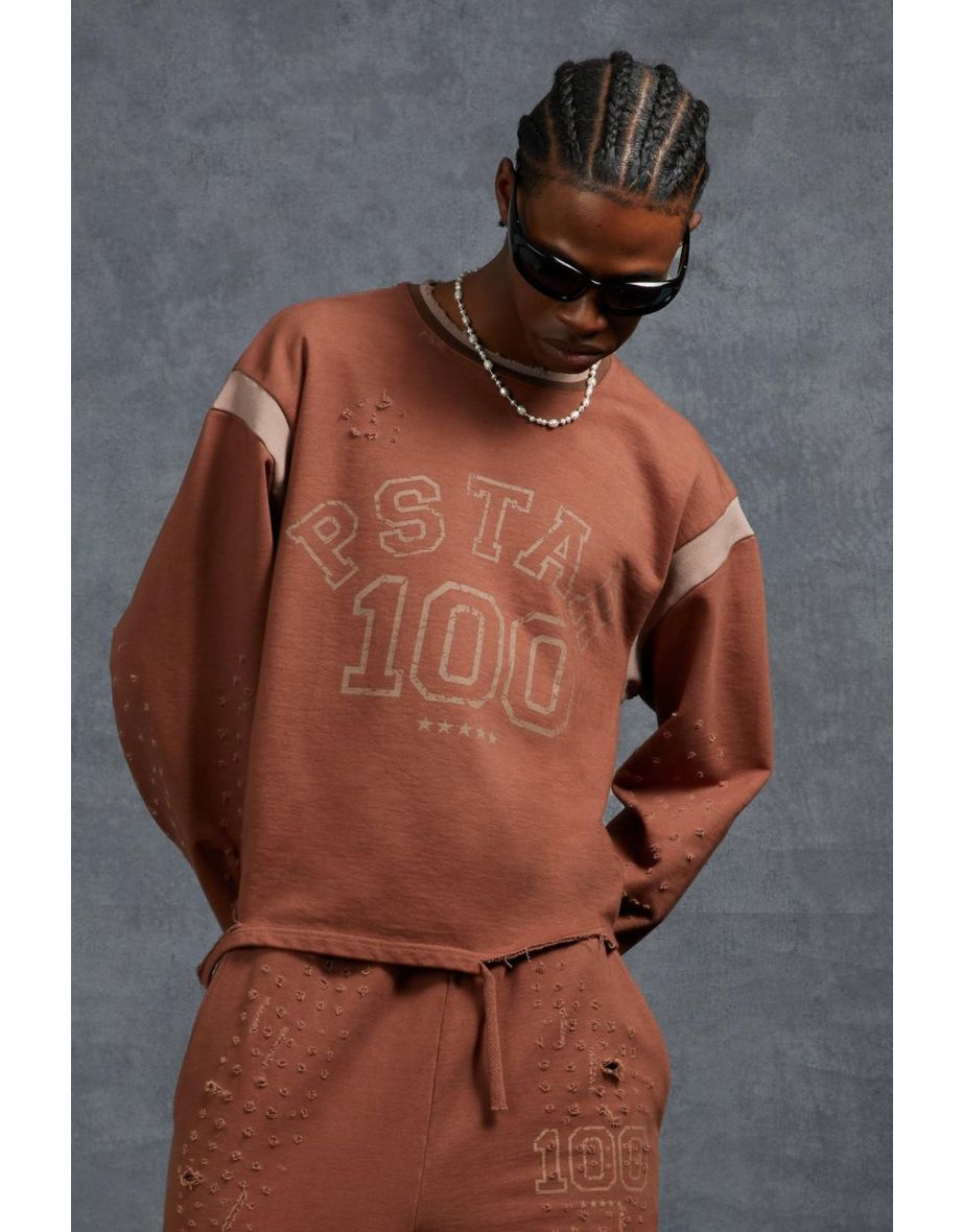 Gunna Oversized Cropped Sweatshirt with 100 Print - brown