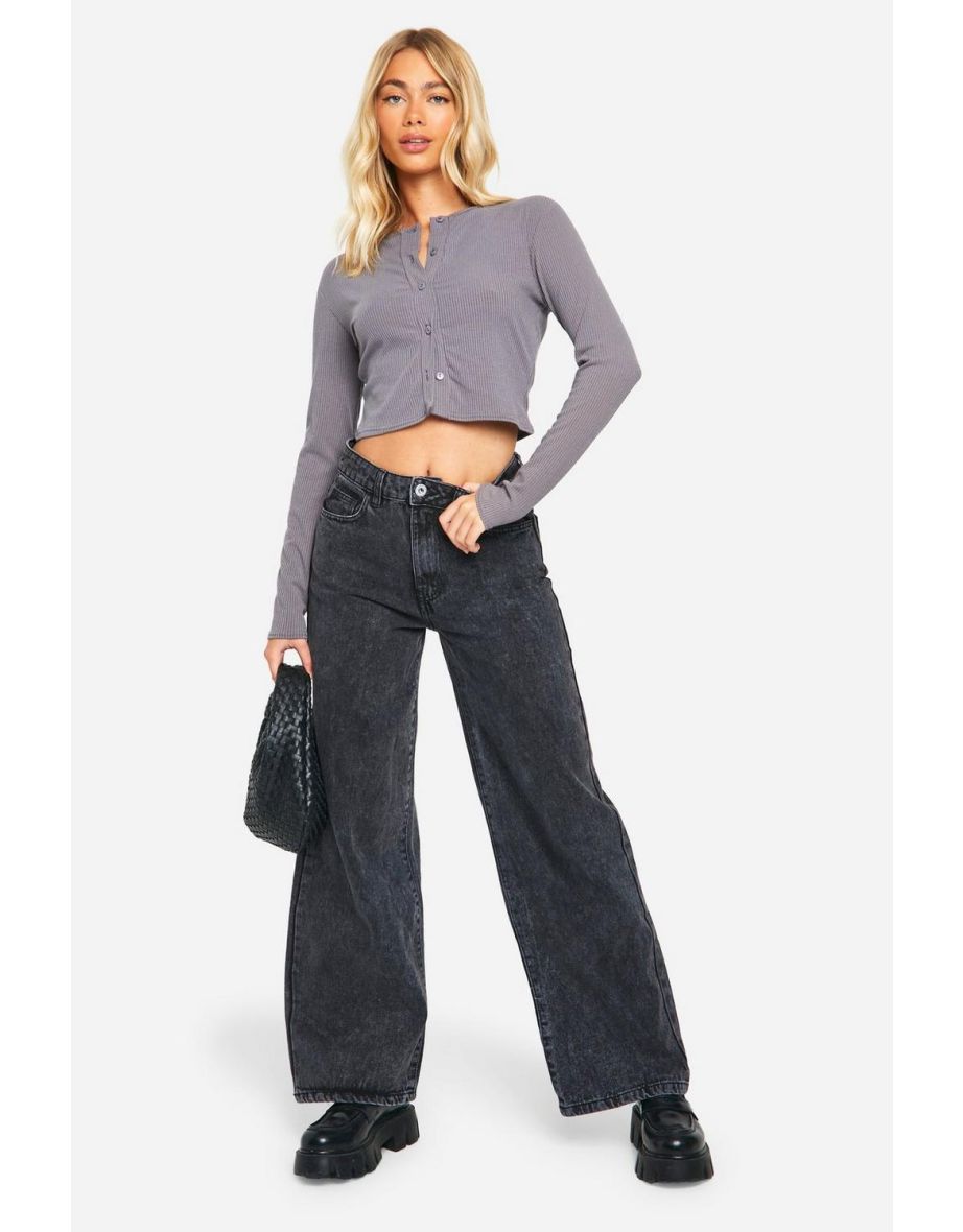 Button Through Ribbed Long Sleeve Top - grey