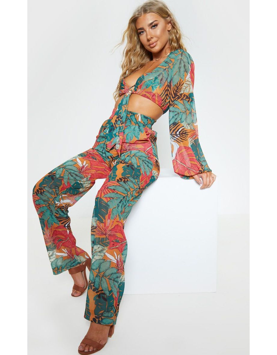 Orange Big Leaf  Tie Front Beach Top - 4