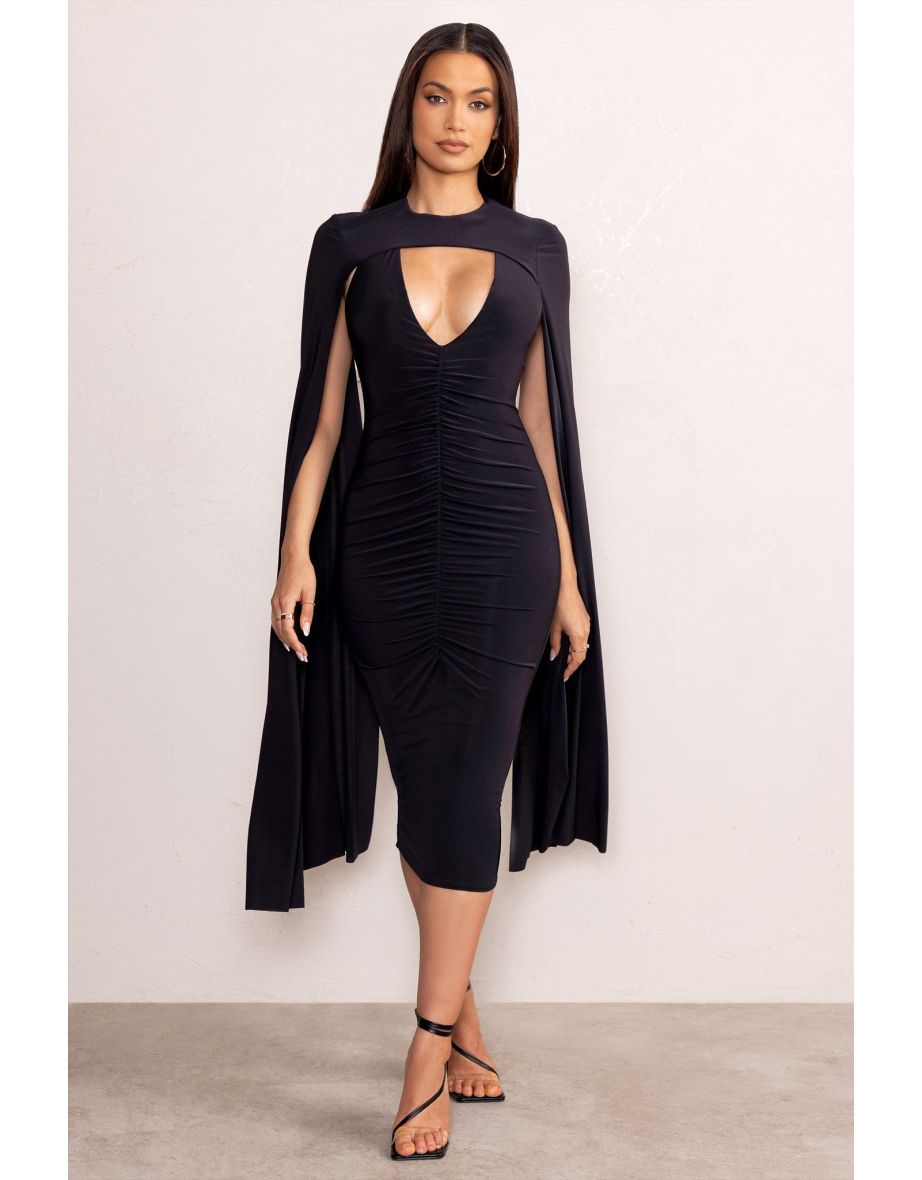 Myla | Black V-Neck Ruched Midi Dress with Cape Overlay - 4