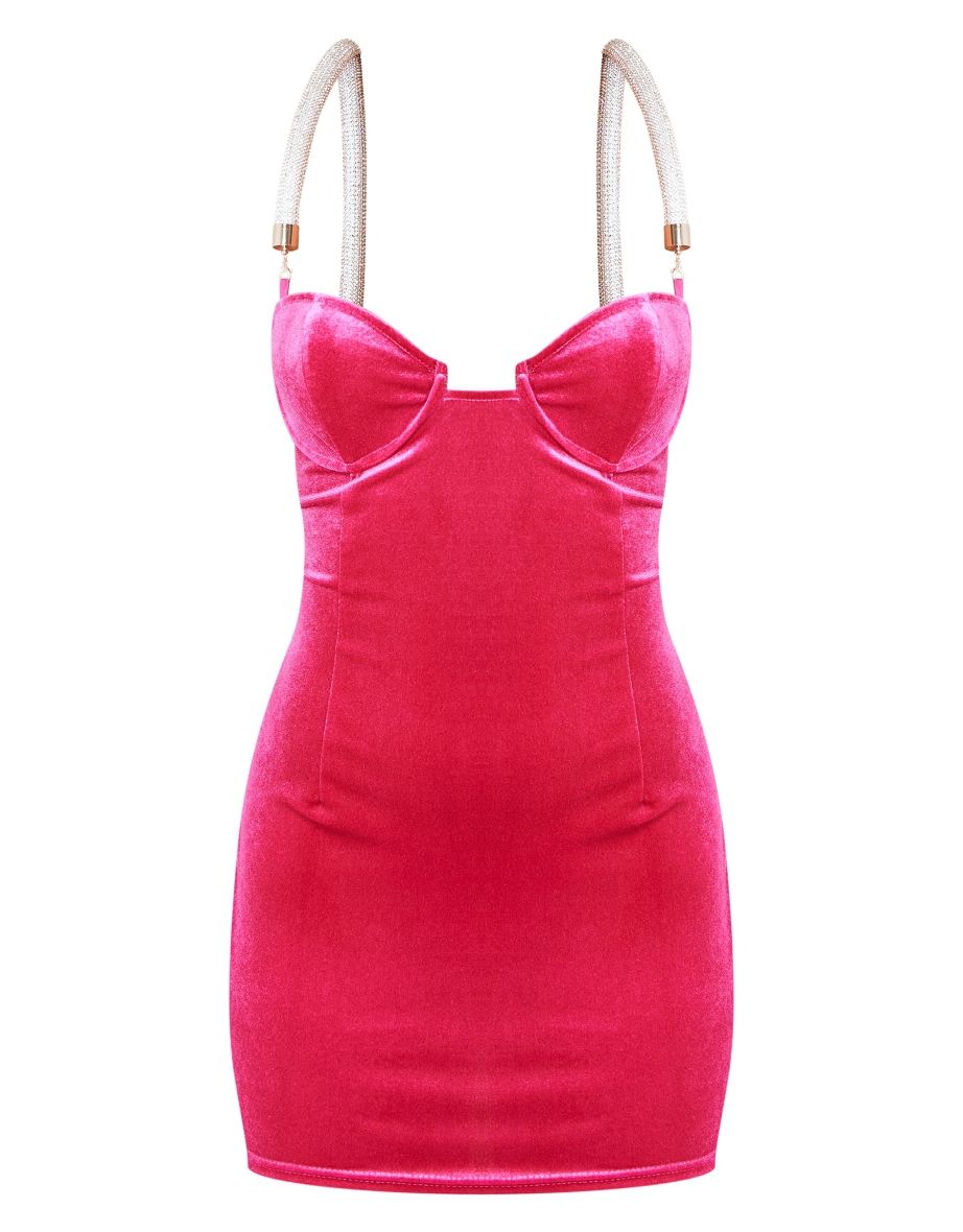 Pink Diamante Strap Velvet Underwire Bodycon Dress - 4