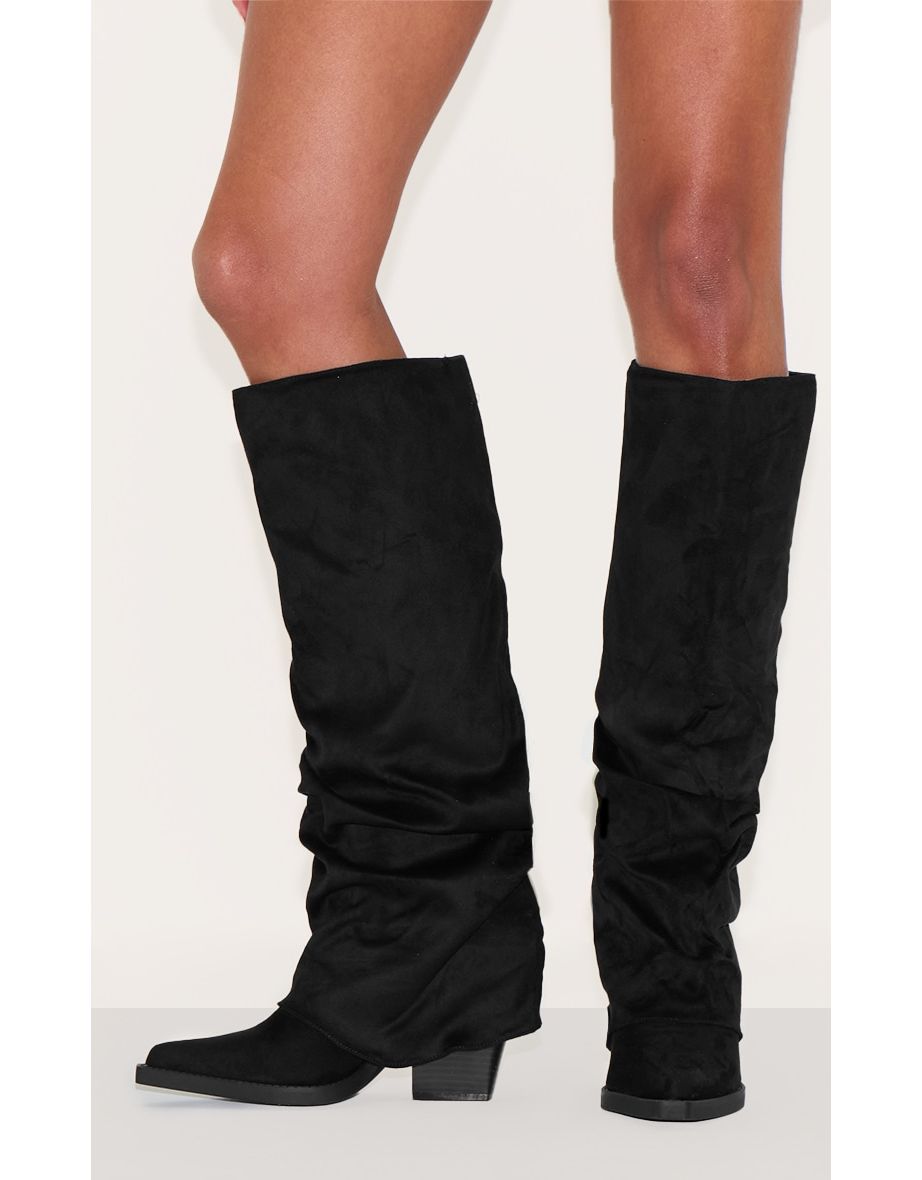 Black Faux Suede Point Toe Fold Over Block Heel Knee High Boots