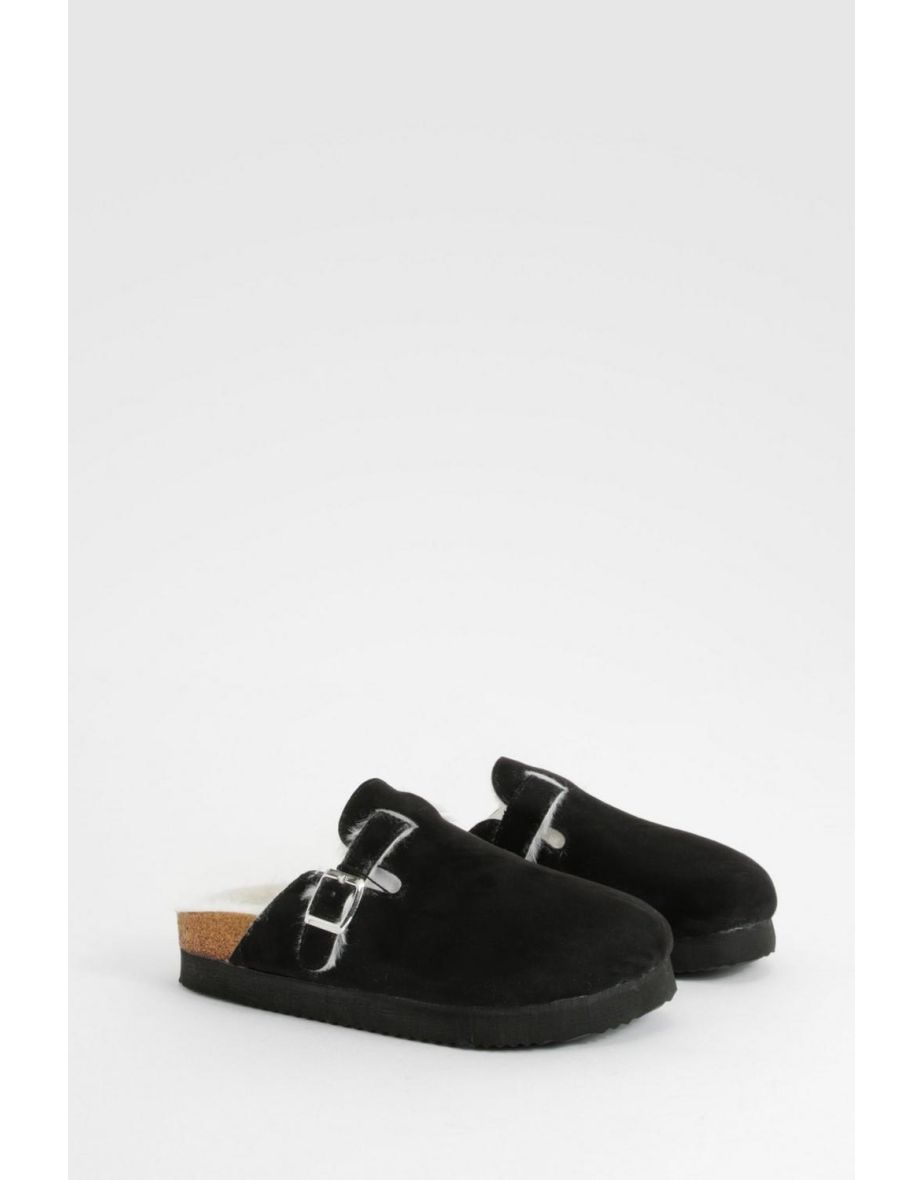 Platform Fur Lined Closed Toe Clogs - black