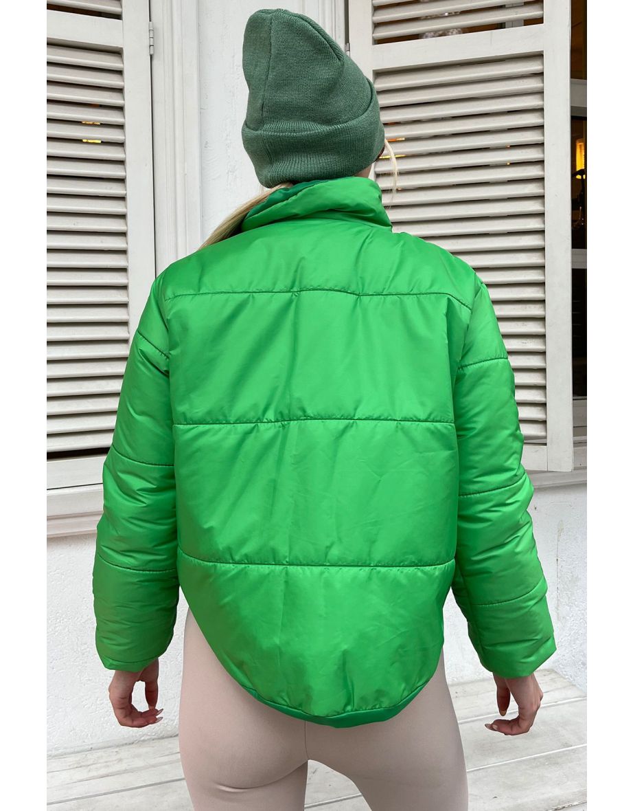 Women's Light Green Stand Up Collar Double Pocketed Puffer Puffer Coat with Elastic - 3