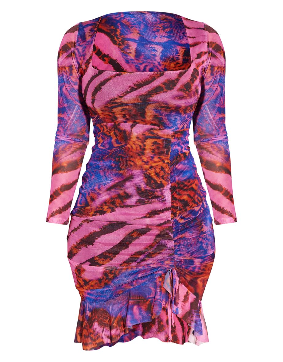 Shape Purple Zebra Printed Mesh Ruched Side Frill Hem Bodycon Dress - 4