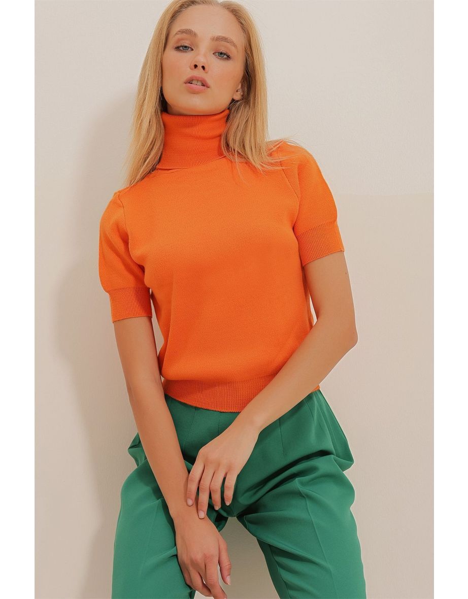 Women's Orange Turtleneck Short Sleeve Basic Knitwear Sweater
