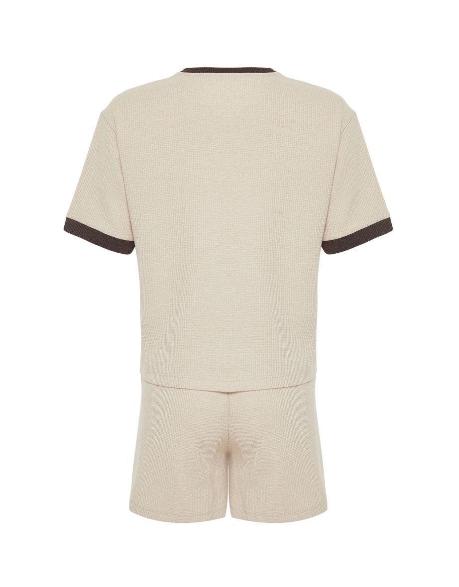 Beige-Multicolor Color Block Embroidered Waffle Knitted Pajamas Set - 7