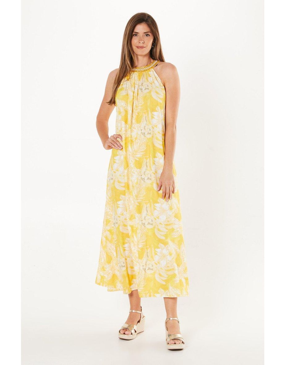 Floral Print Embellished Halterneck Dress