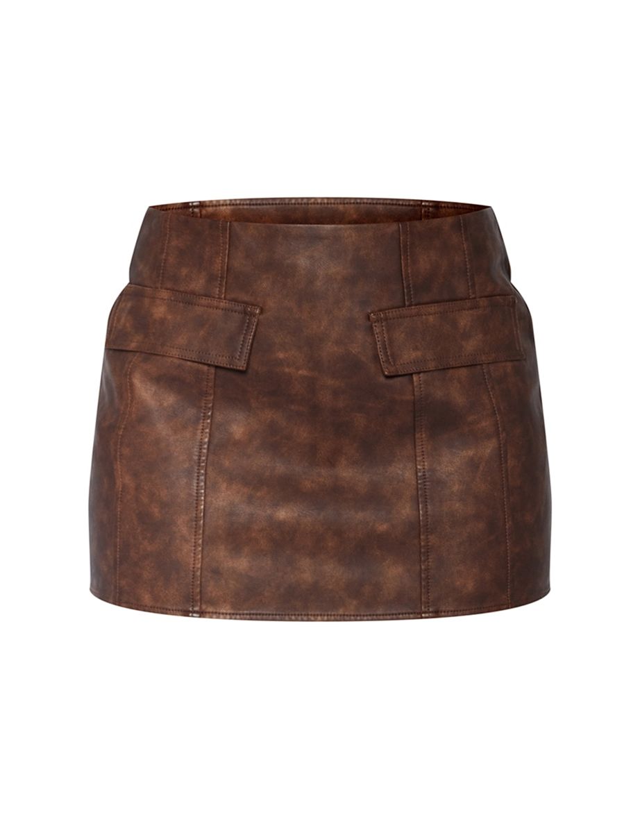 Brown Washed Faux Leather Pocket Detail Low Rise Micro Mini Skirt - 5
