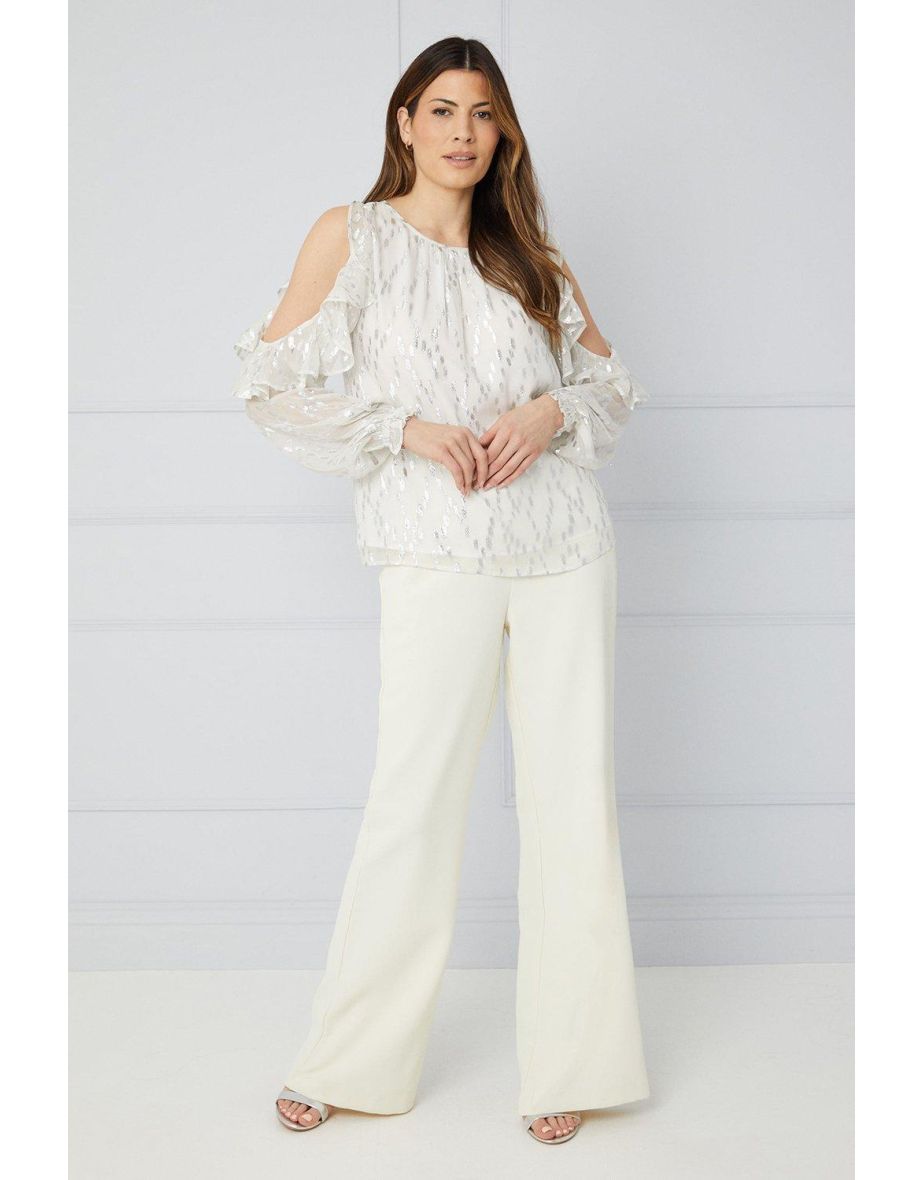 Metallic Spot Ruffle Cold Shoulder Top