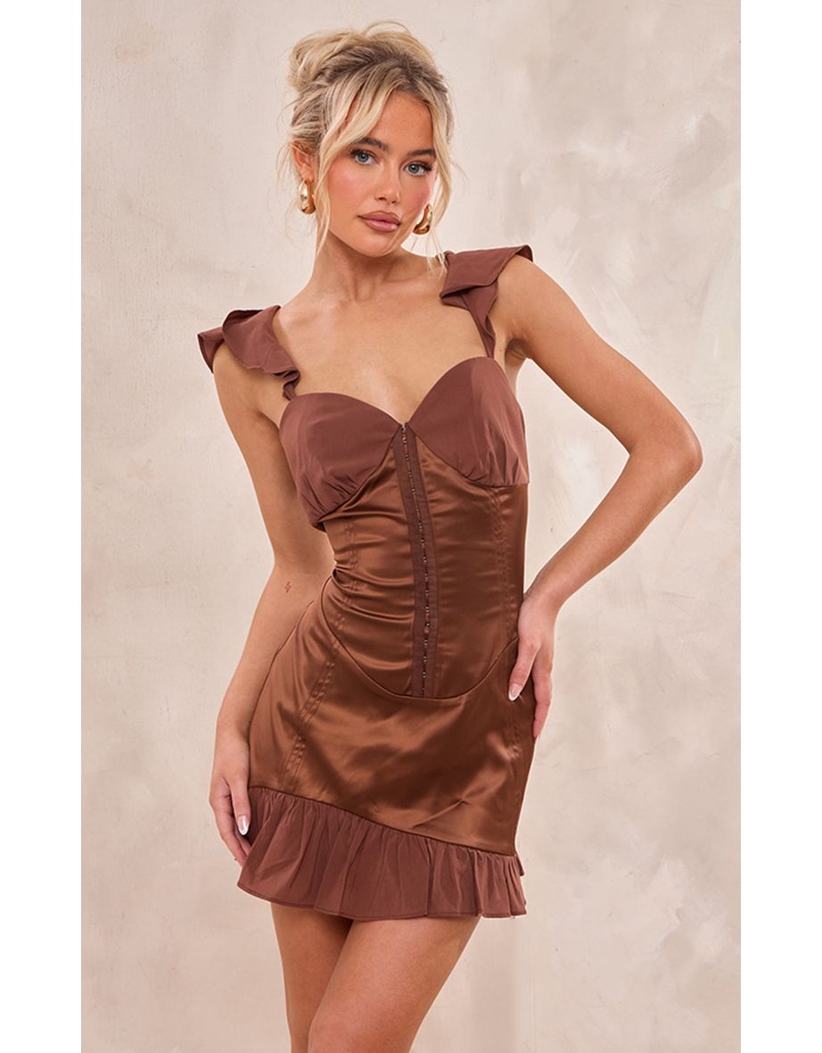 Chocolate Satin Corset Mesh Frill Cup Detail Mini Dress