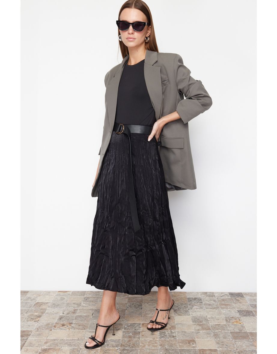 Black Pleated Satin Woven Skirt