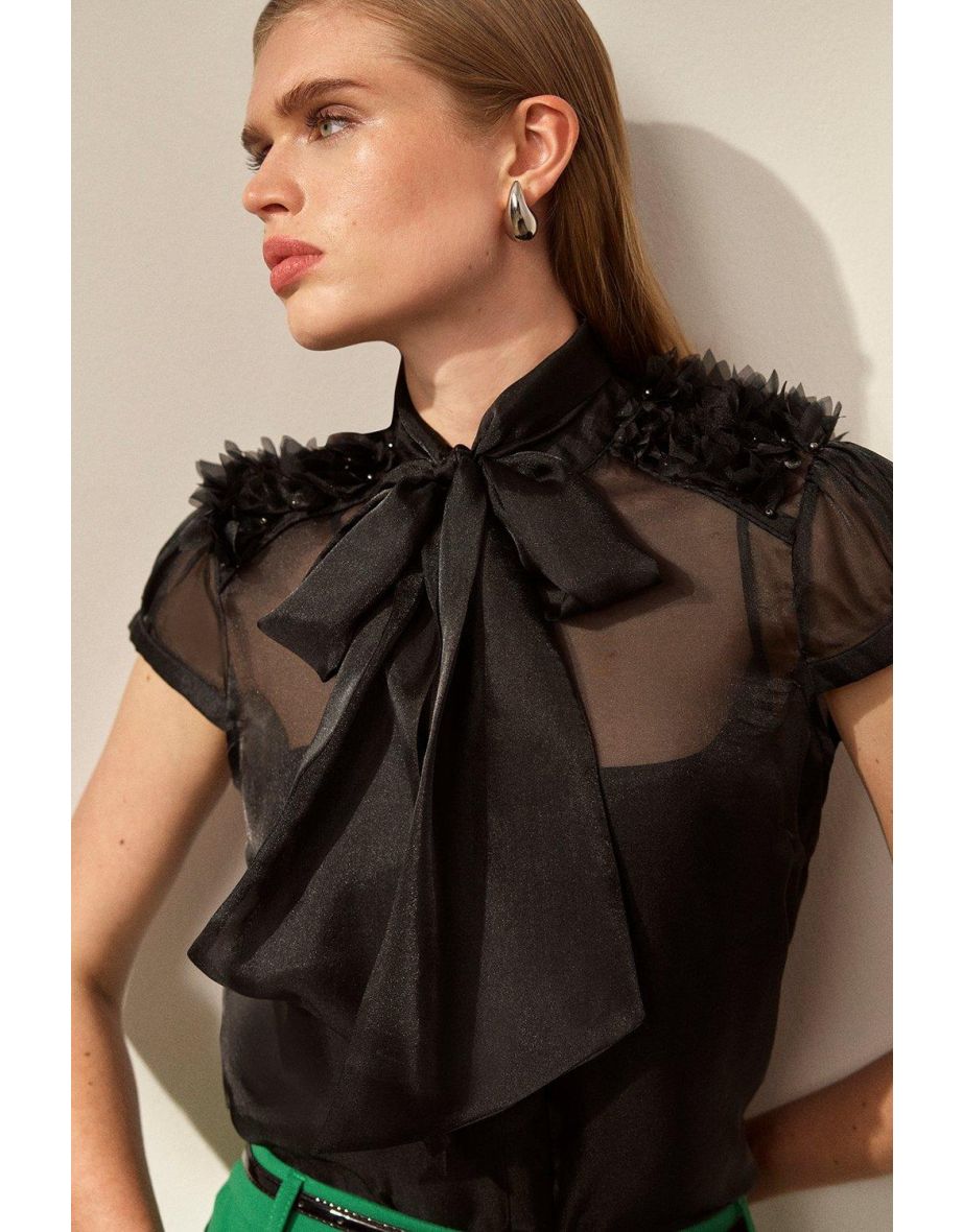 The Founder Organza Petal Applique Woven Tie Neck Blouse