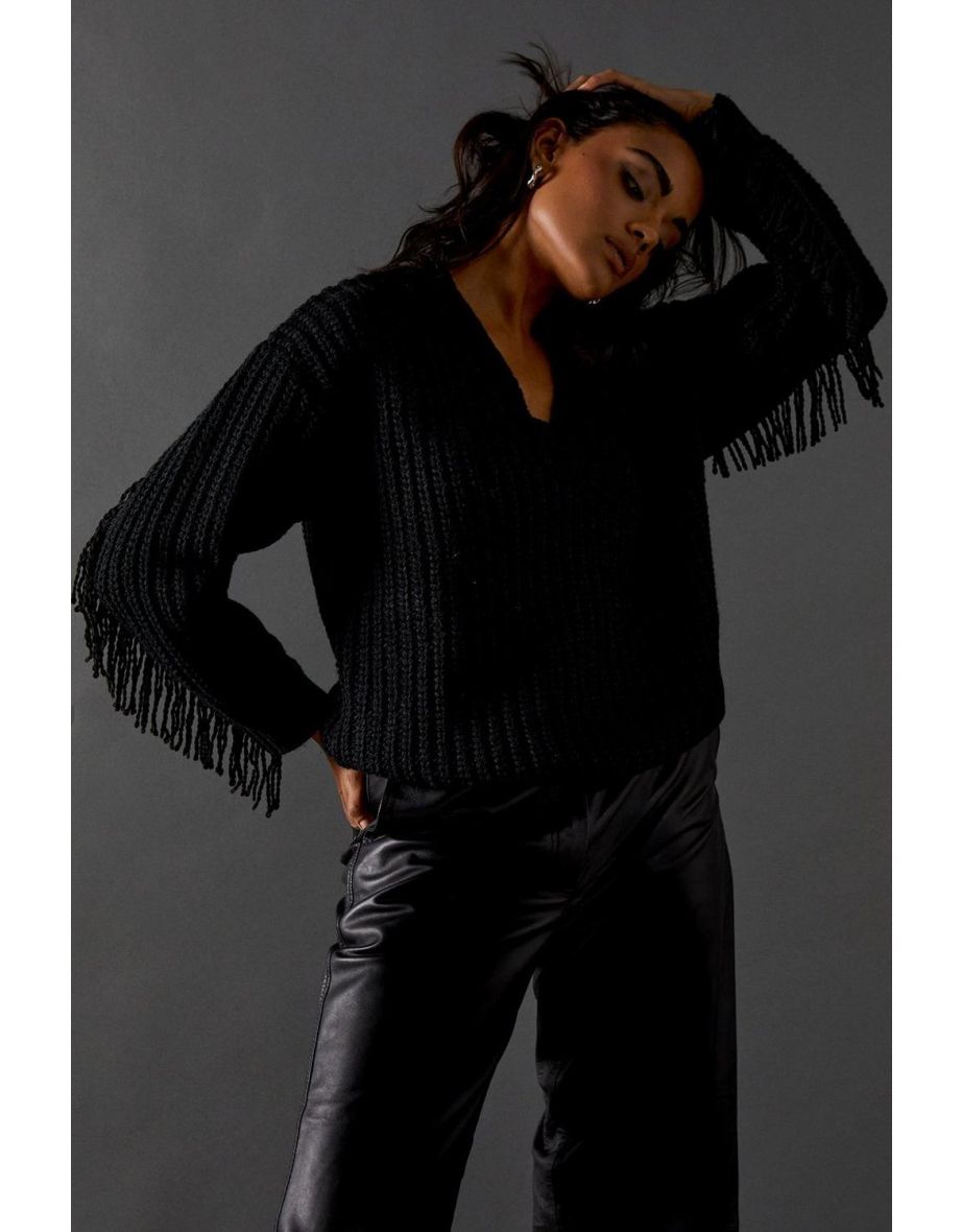 Fringed Back V Neck Jumper - 3