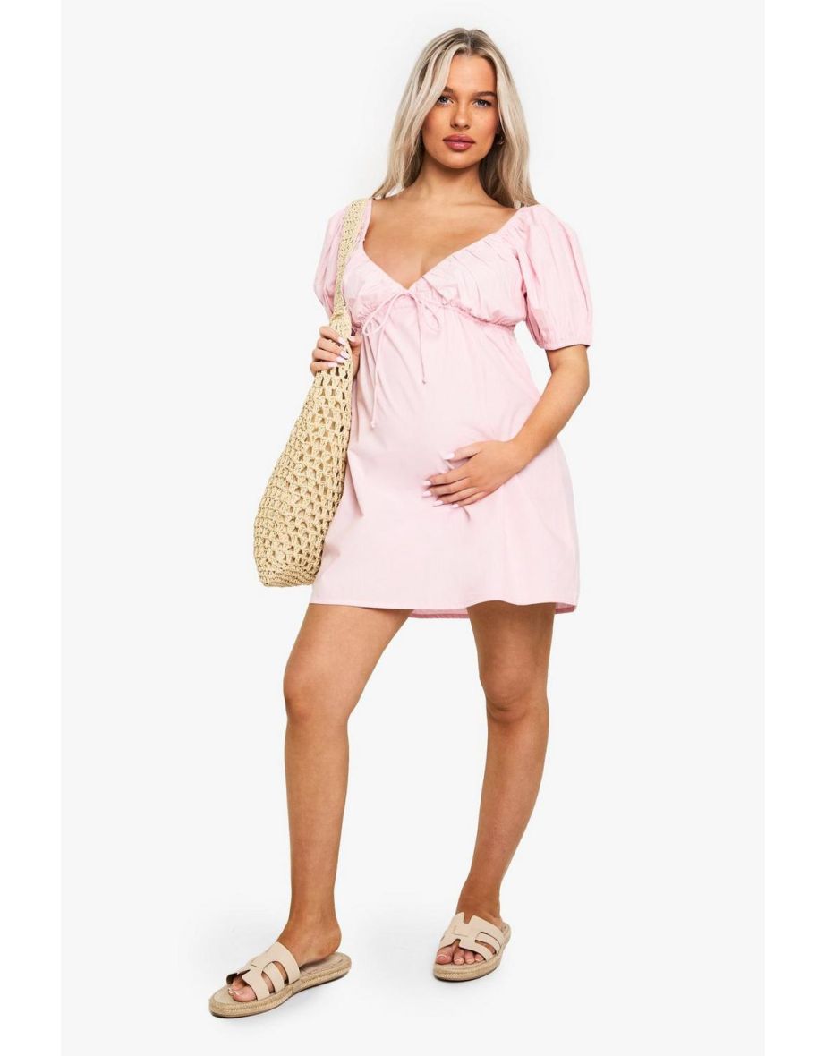 MATERNITY COTTON TIE FRONT PUFF SLEEVE SKATER DRESS - pink