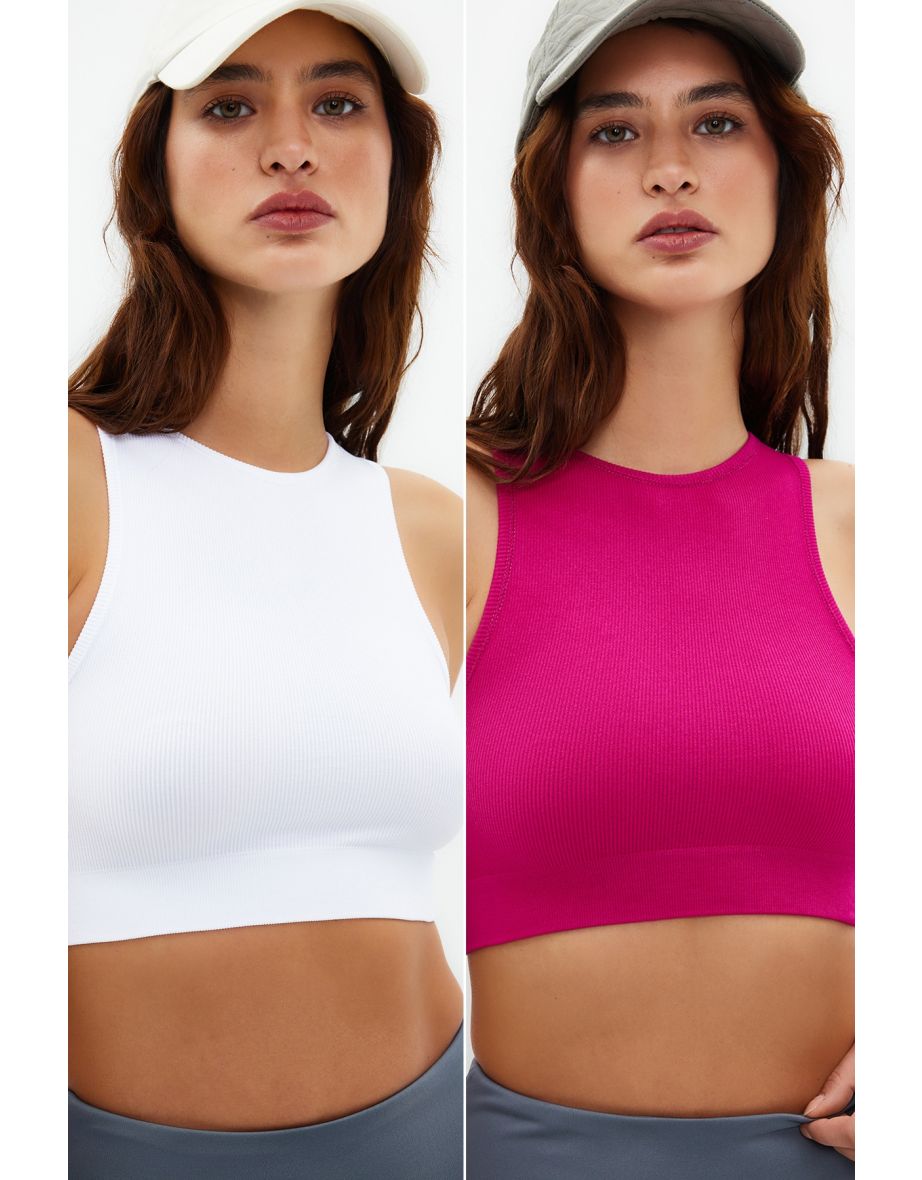 Fuchsia-White 2 Pack Seamless Light Support/Shaping Sports Bra - 7
