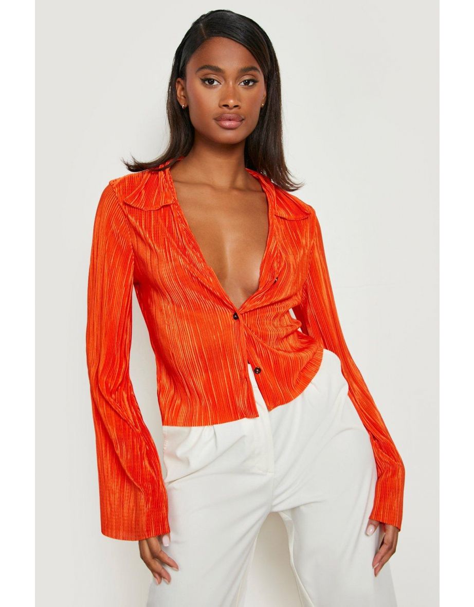 Plisee Plunge Front Flared Sleee Shirt - tomato red