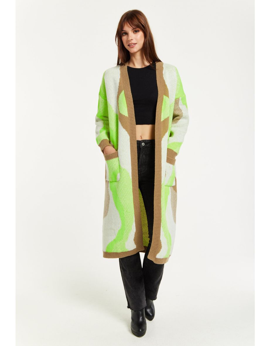 Women's Longline Cardigan in Brown, Green & White with Contrast Neckline & Pockets.
