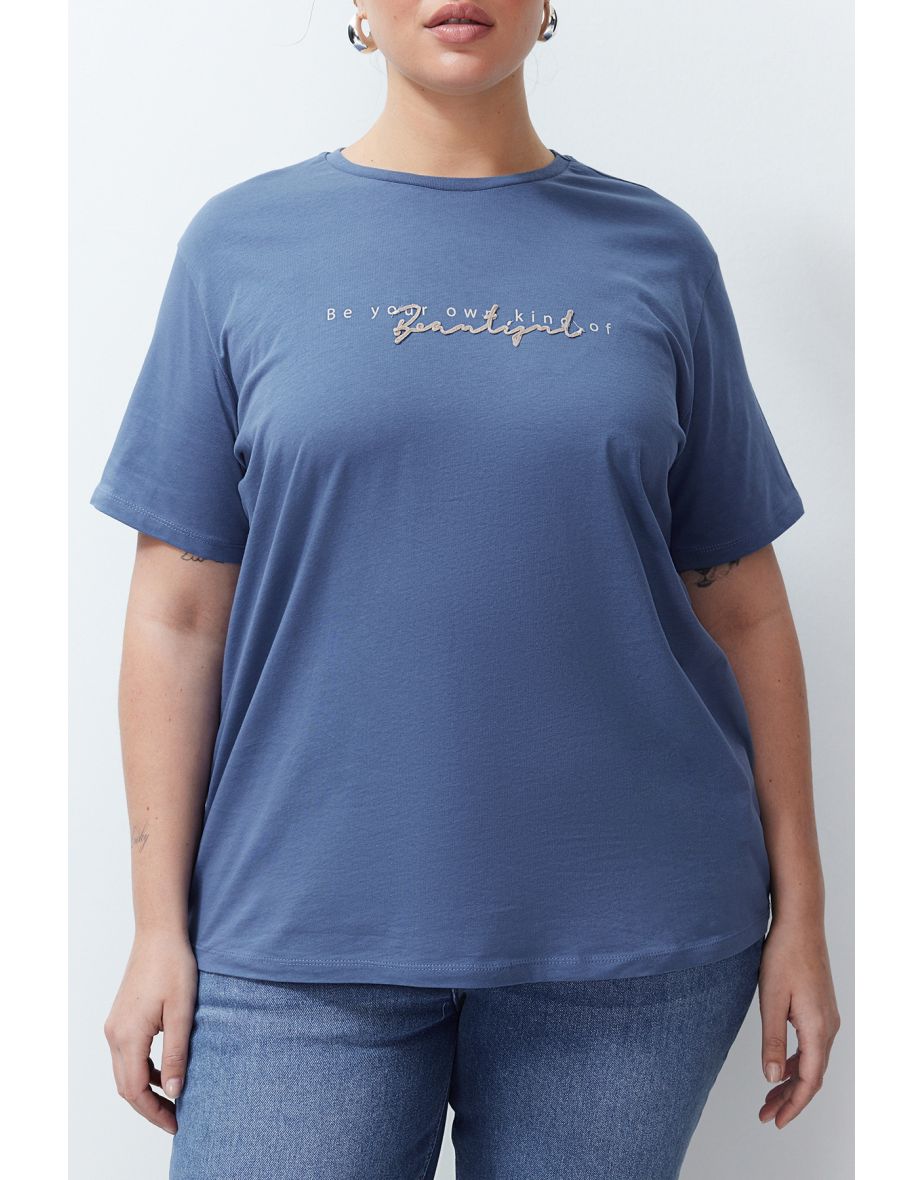 Indigo Print and Embroidery Detail Boyfriend Knitted T-shirt - 7