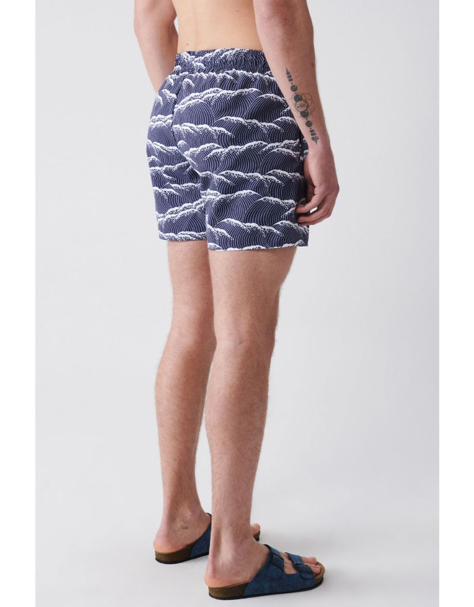 Men's Navy Blue Quick Dry Printed Standard Size Swimwear Marine Shorts - 5
