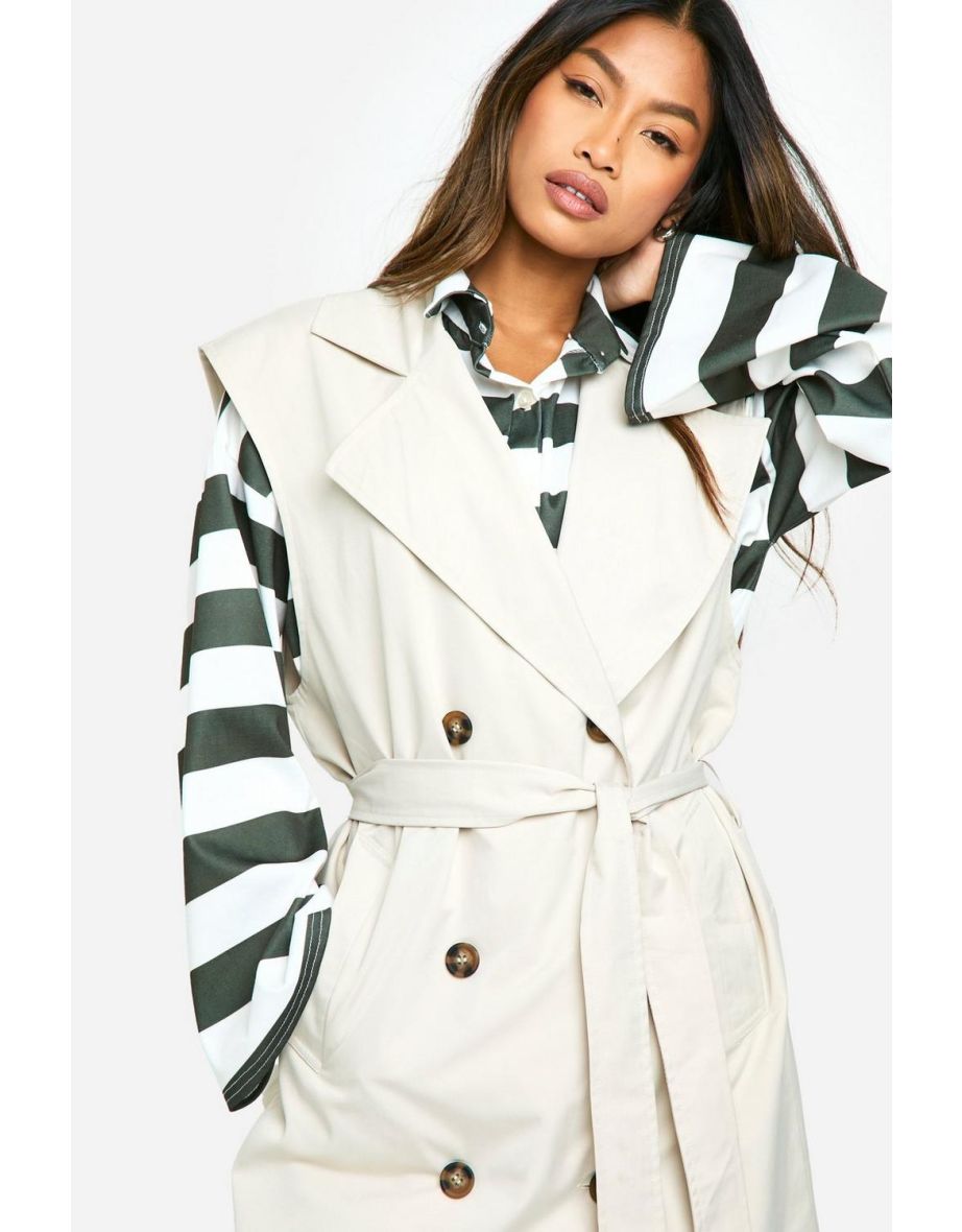 Sleeveless Trench Coat - stone - 3