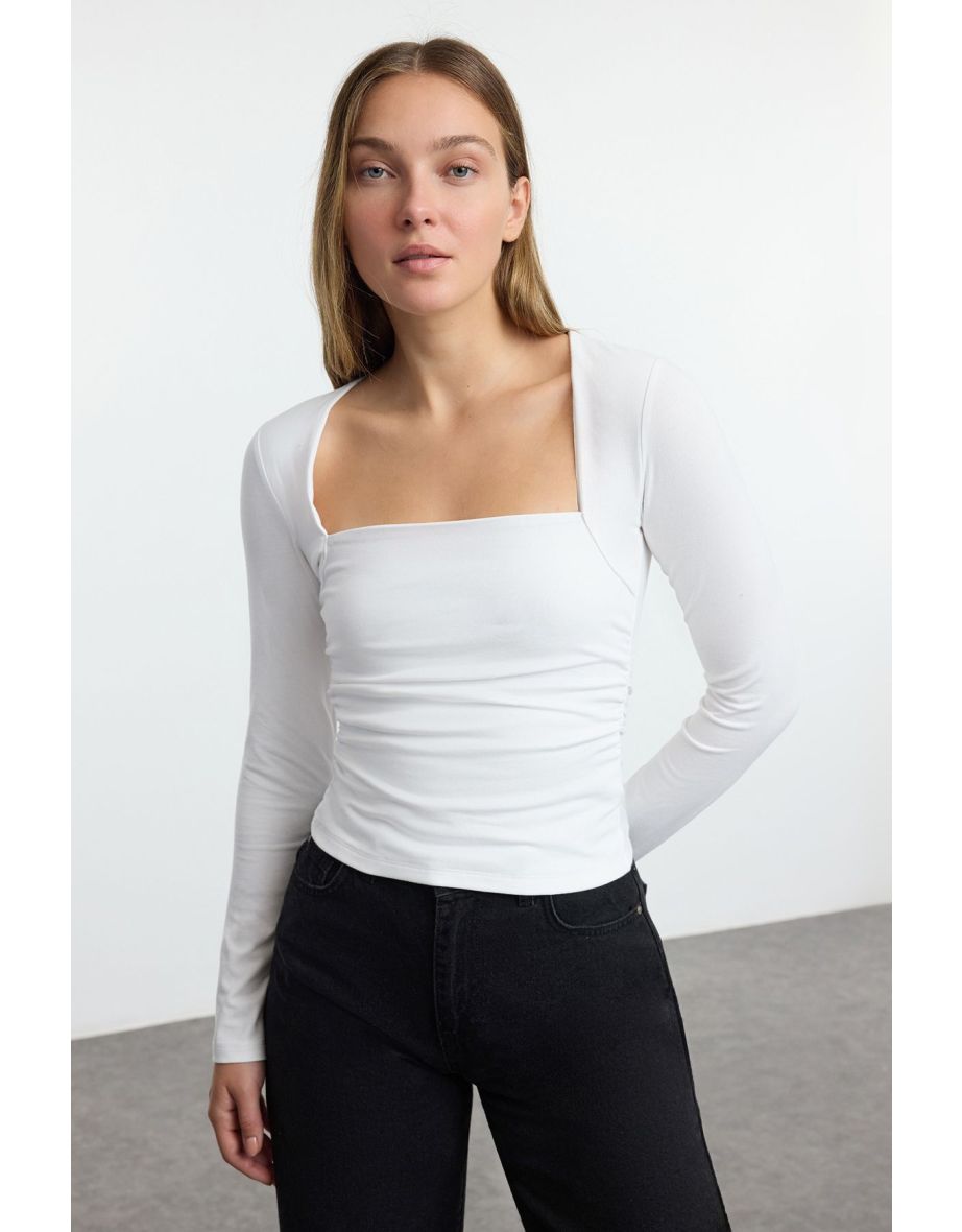 Ecru Square Neck Gathering/Drape Detailed Slim/Fitting Knitted top