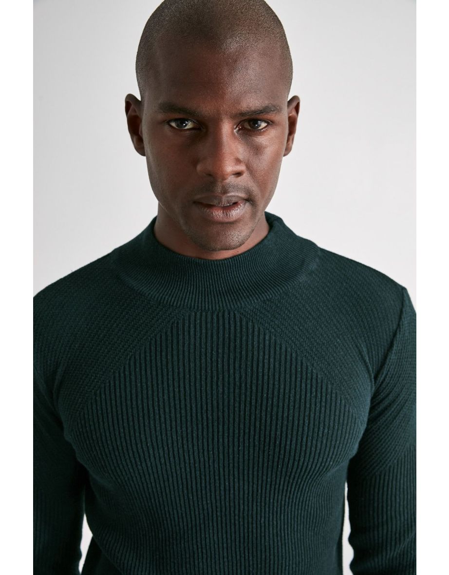 Green Half Turtleneck Plain Knitwear Sweater - 4
