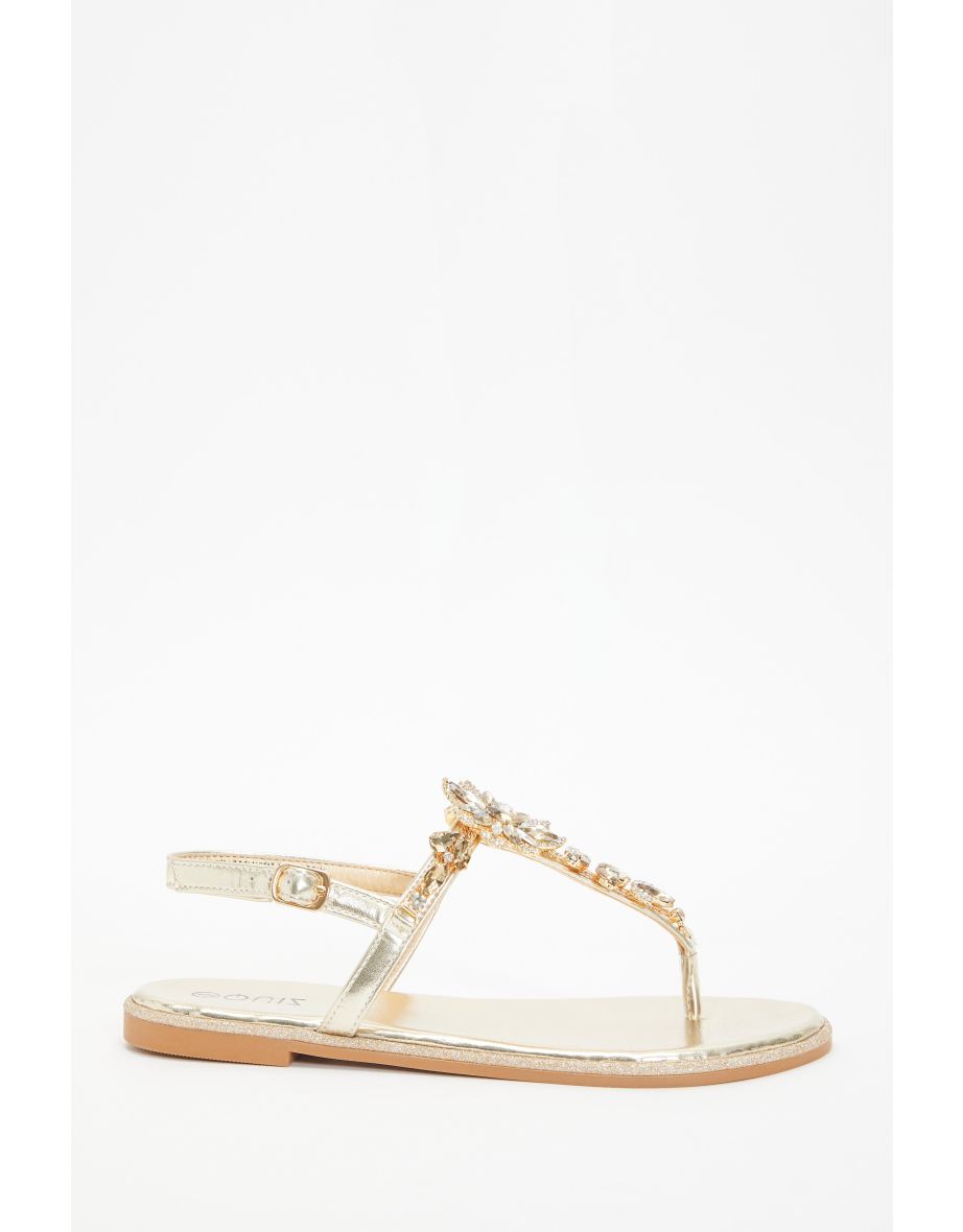 Quiz Gold Jewel T-Bar Flat Sandals
