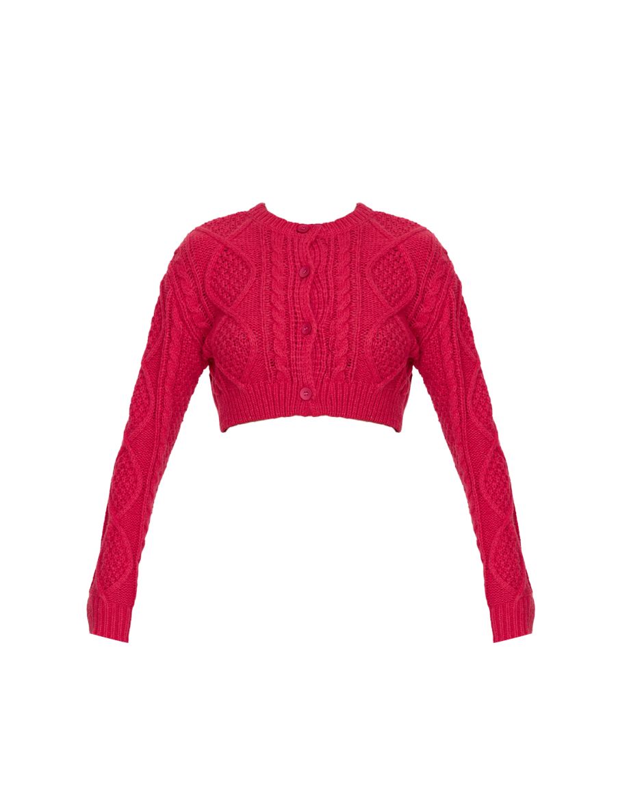 Red Chunky Cable Knit Extreme Cropped Cardigan - 4
