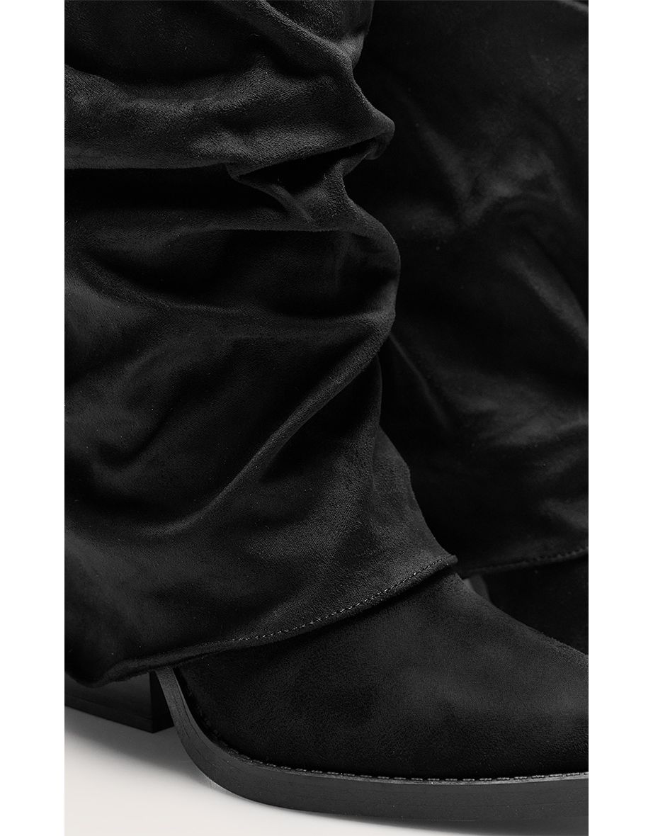 Black Faux Suede Point Toe Fold Over Block Heel Knee High Boots - 4