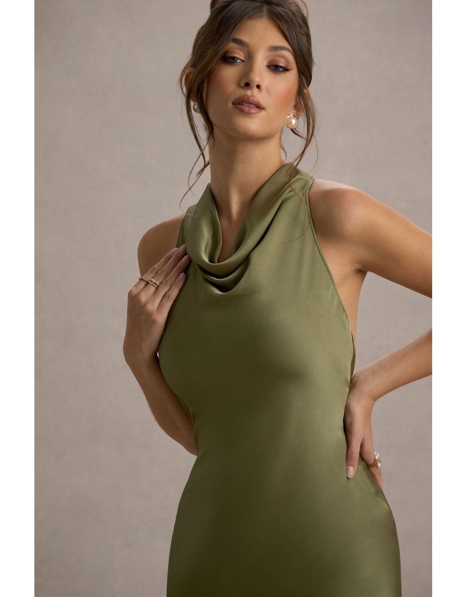 Amelita | Khaki Satin Cowl-Neck Fishtail Dress - 5