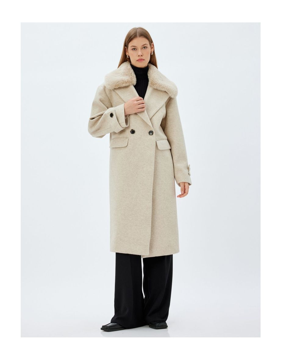 Faux Fur Long Cashmere Coat with Detachable Collar and Thick Knitted Pocket