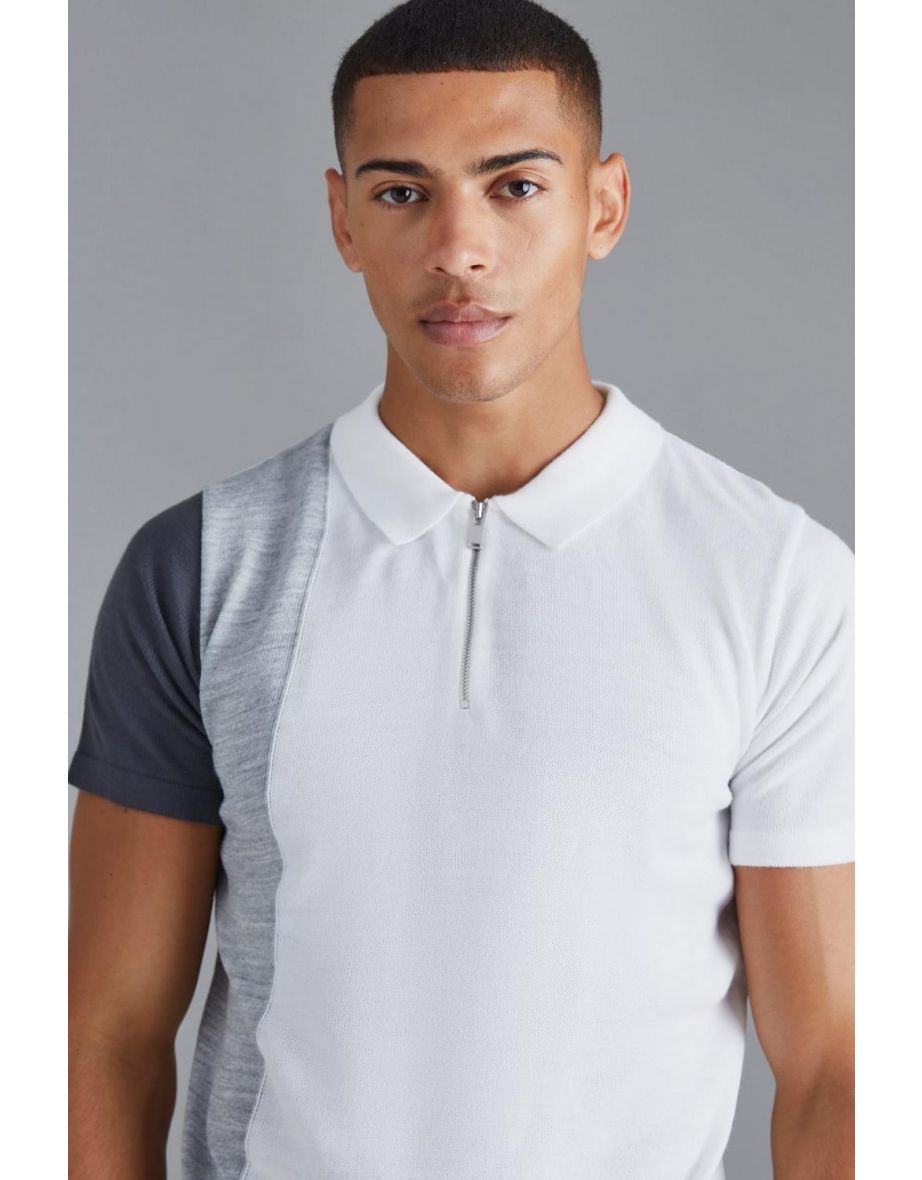 Short Sleeve Half Zip Colour Block Knit Polo - grey - 2