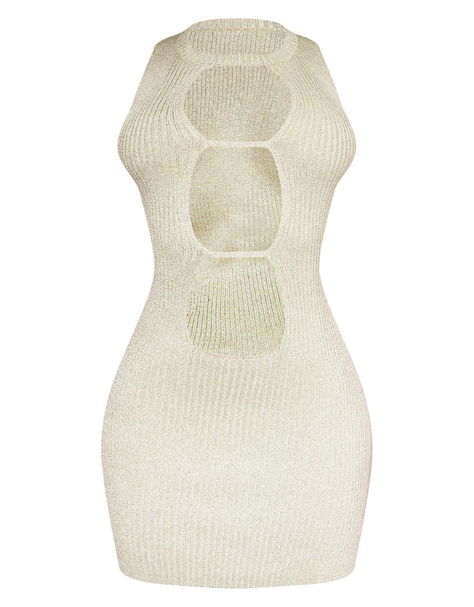 Gold Glitter Knit Ribbed Front Cut Out Mini Dress - 4