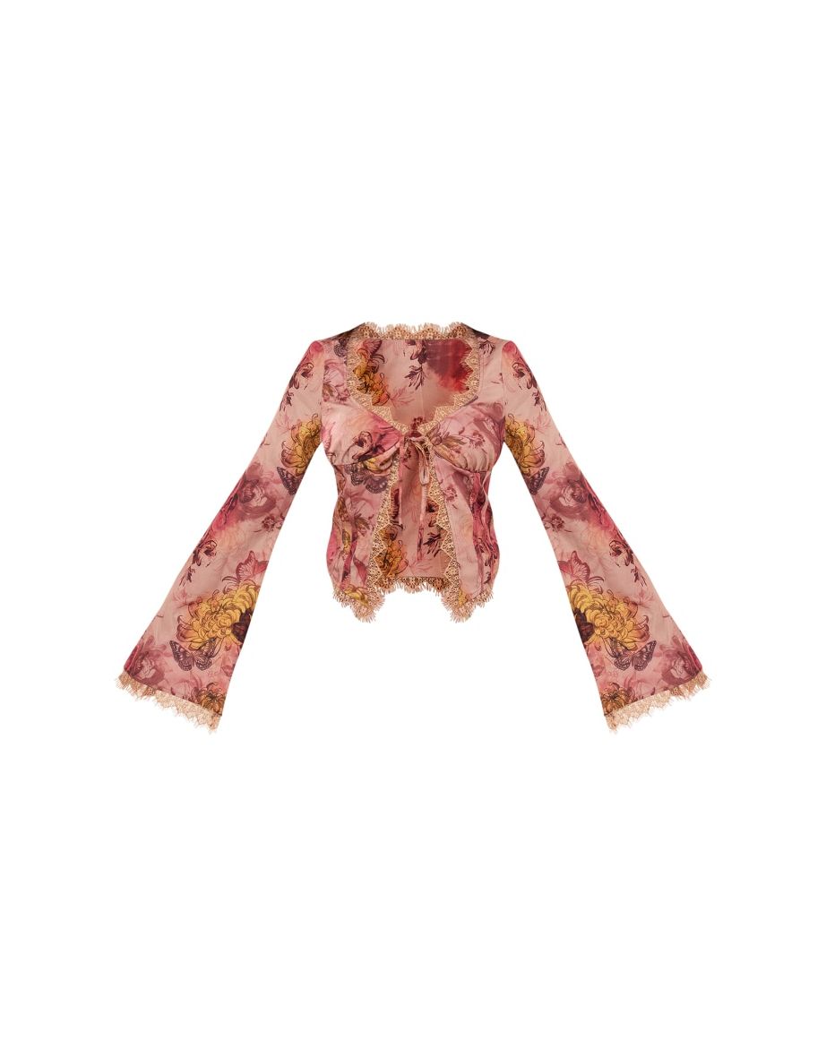 Brown Floral Woven Corset Frill Detail Flare Sleeve Playsuit - 4