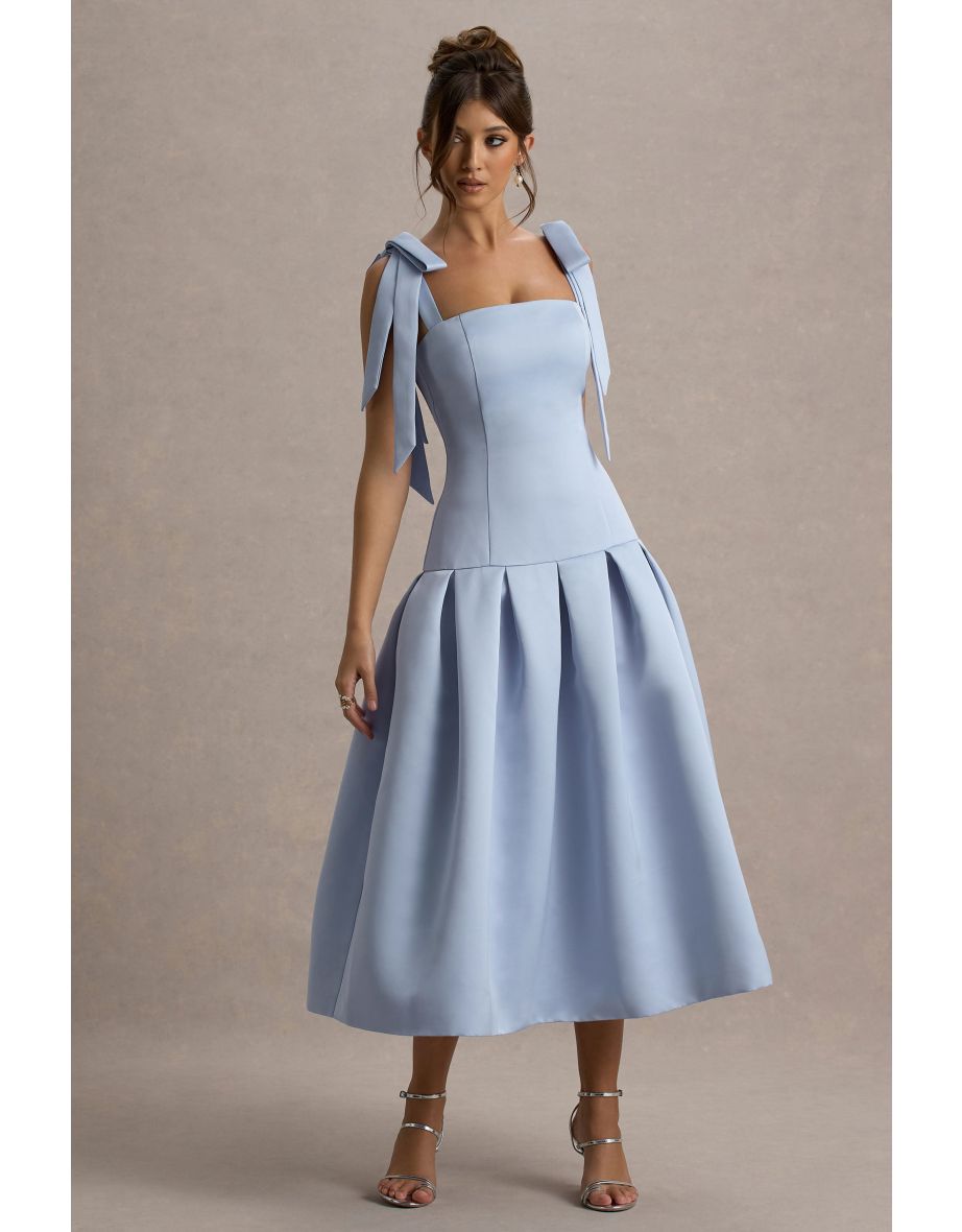 Alberta | Powder Blue Satin Midi Dress With Bow Straps