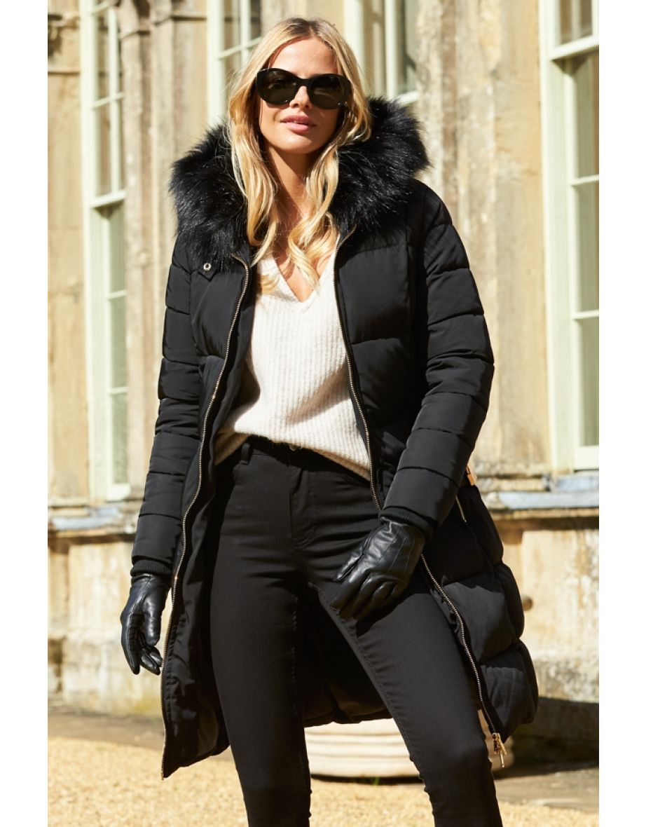 Shop Black Faux Fur Trim Luxe Longline Padded Coat Online in Qatar VogaCloset