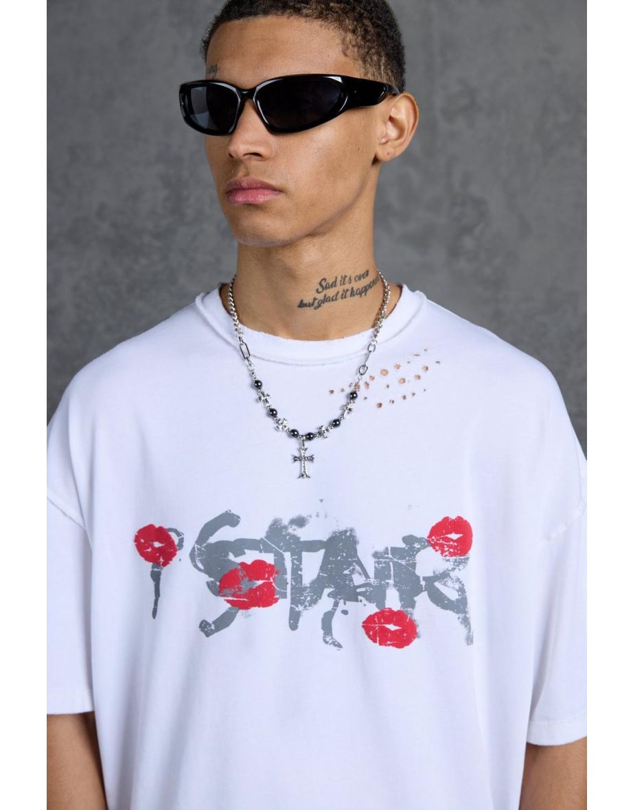 Gunna Oversized Boxy T-Shirt with Graphic Lip Print - white - 2