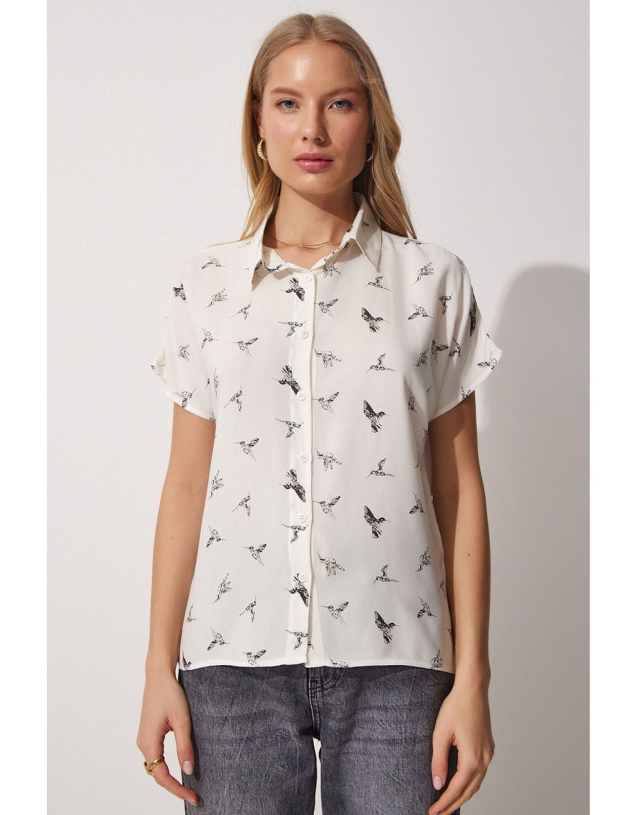 Women's White Floral Pattern Short Sleeve Viscose Shirt