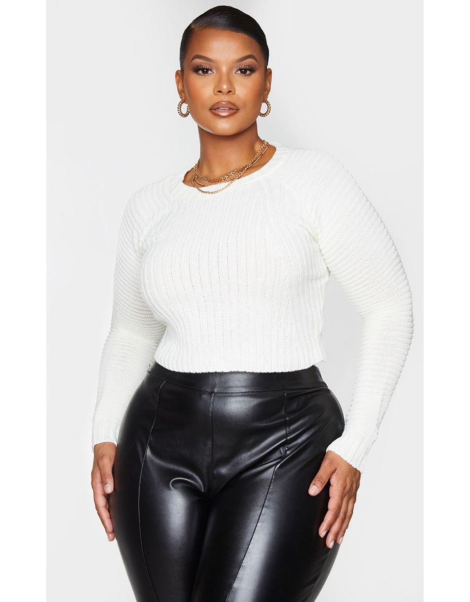 Plus White Cropped Rib Knit Jumper