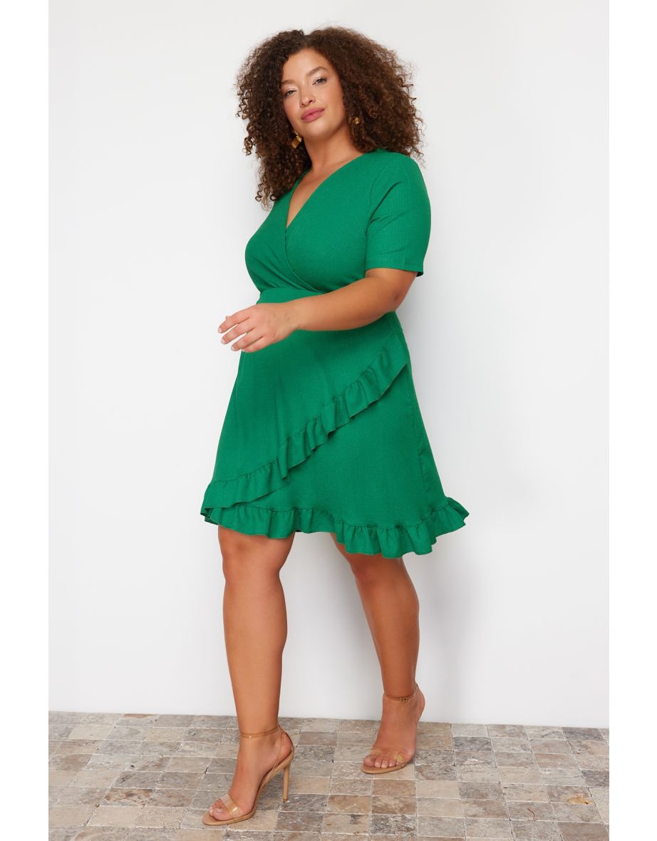 Green Double Breasted Flounce Knitted Dress Double Breasted Flounce Mini Knitted Dress - 7
