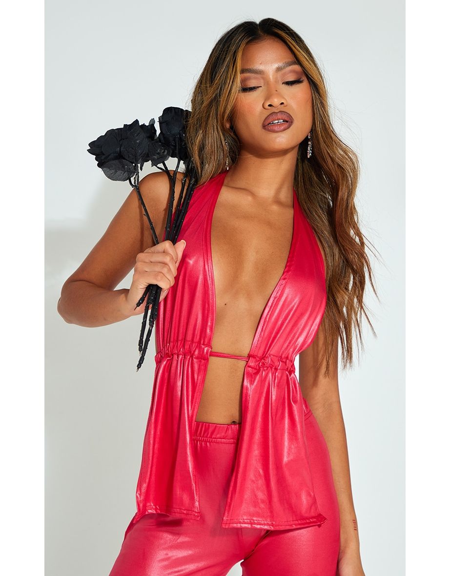 Red Coated Wet Look Halterneck Bralette