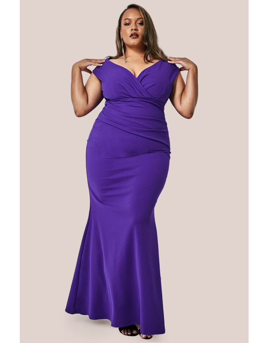 Goddiva Plus Bardot Pleated Maxi Dress - Purple